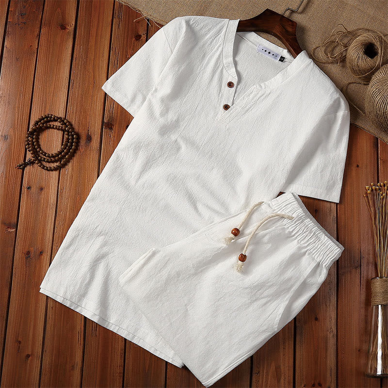 Buddha Stones 2Pcs Plain Notched Collar Short Sleeve T-Shirt Shorts With Pockets Cotton Linen Men's Meditation Cloth Set - White - US/UK/AU46,EU56 (5XL) - image 1