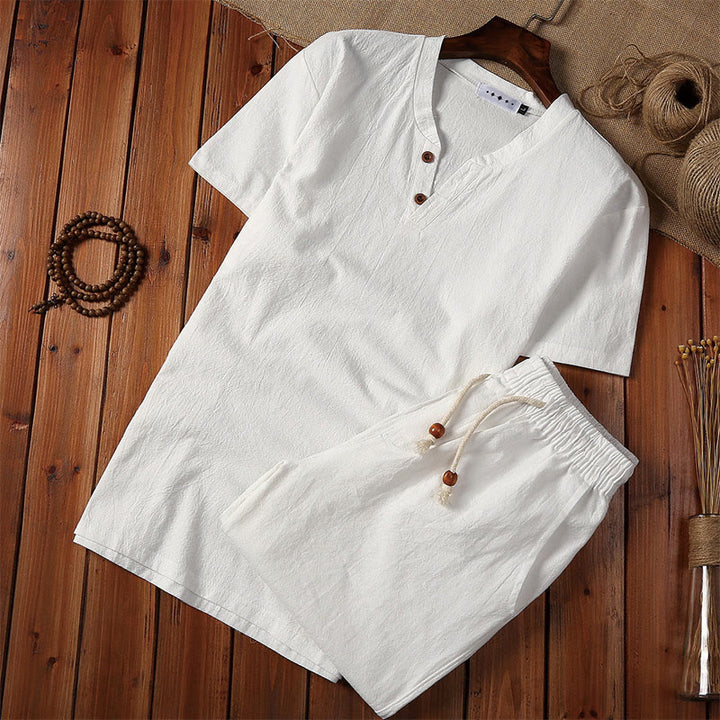 Buddha Stones 2Pcs Plain Notched Collar Short Sleeve T-Shirt Shorts With Pockets Cotton Linen Men's Meditation Cloth Set - White - US/UK/AU46,EU56 (5XL) - image 1