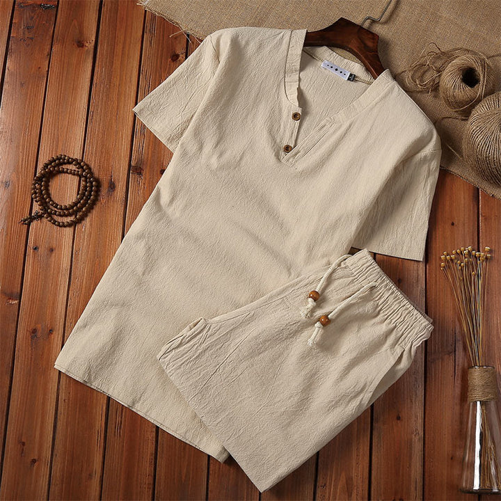 Buddha Stones 2Pcs Plain Notched Collar Short Sleeve T-Shirt Shorts With Pockets Cotton Linen Men's Meditation Cloth Set - Khaki - US/UK/AU46,EU56 (5XL) - image 0