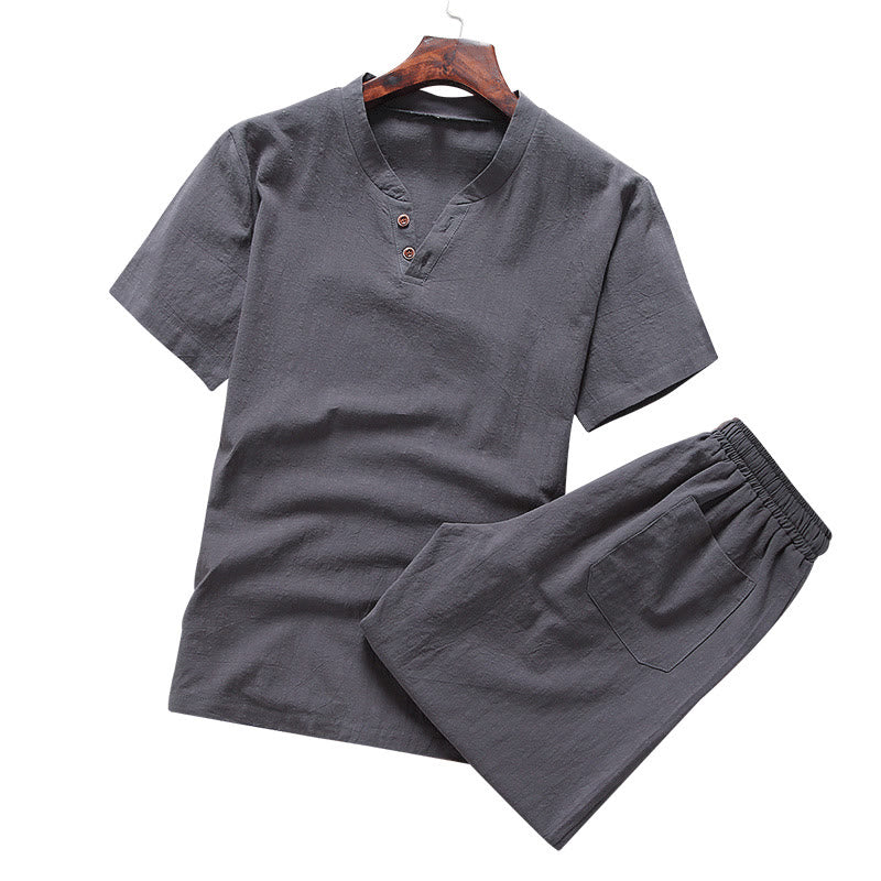 Buddha Stones Casual 2Pcs Plain Sleeve T-Shirt Shorts With Pockets Cotton Linen Men's Meditation Cloth Set - image 6