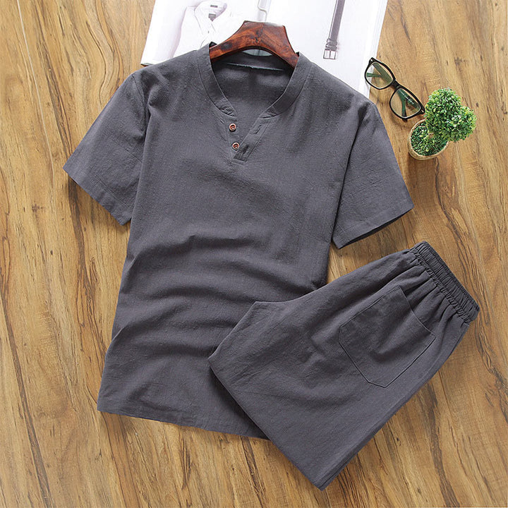 Buddha Stones Casual 2Pcs Plain Sleeve T-Shirt Shorts With Pockets Cotton Linen Men's Meditation Cloth Set - DimGray - US/UK/AU46,EU56 (5XL) - image 5