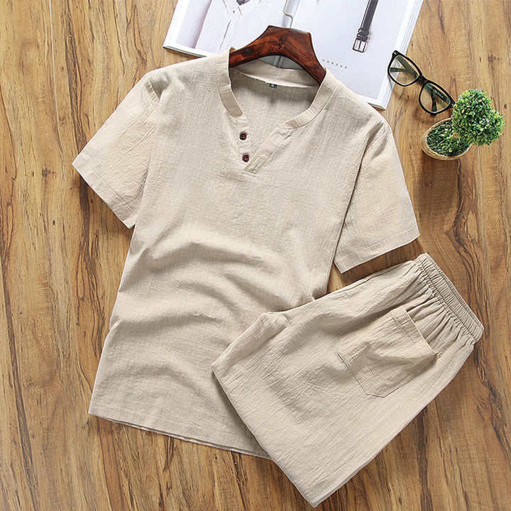 Buddha Stones Casual 2Pcs Plain Sleeve T-Shirt Shorts With Pockets Cotton Linen Men's Meditation Cloth Set - PaleGoldenrod - US/UK/AU46,EU56 (5XL) - image 0