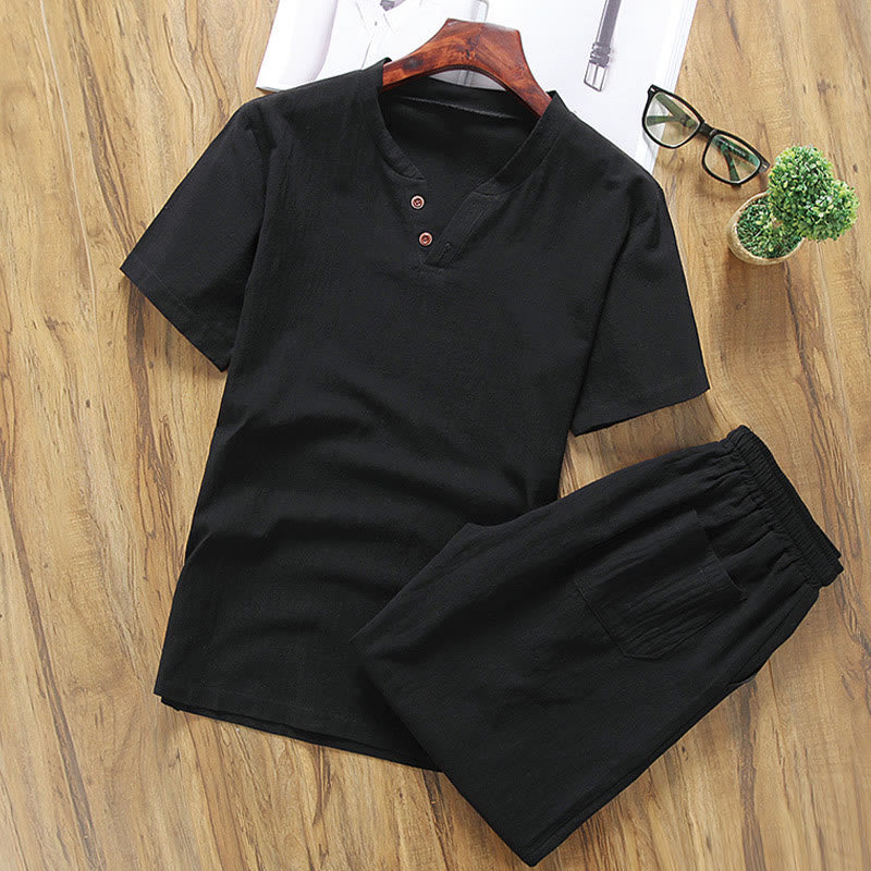 Buddha Stones Casual 2Pcs Plain Sleeve T-Shirt Shorts With Pockets Cotton Linen Men's Meditation Cloth Set - Black - US/UK/AU46,EU56 (5XL) - image 7
