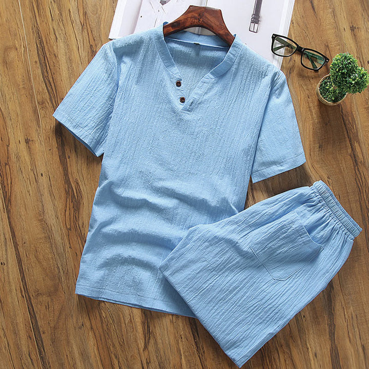 Buddha Stones Casual 2Pcs Plain Sleeve T-Shirt Shorts With Pockets Cotton Linen Men's Meditation Cloth Set - DeepSkyBlue - US/UK/AU46,EU56 (5XL) - image 9
