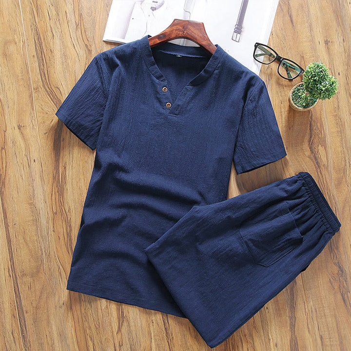 Buddha Stones Casual 2Pcs Plain Sleeve T-Shirt Shorts With Pockets Cotton Linen Men's Meditation Cloth Set - MidnightBlue - US/UK/AU46,EU56 (5XL) - image 8