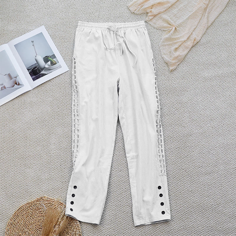 Buddha Stones Summer Plain Color Splicing Design Cotton Linen Women's Pants With Pockets - FloralWhite - US12,UK/AU16,EU44 (2XL) - image 0
