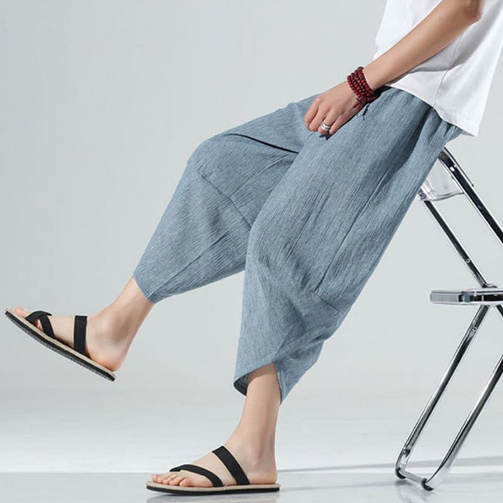 Buddha Stones Plain Simple Design Drawstring 7-8 Length Linen Men's Harem Pants With Pockets - image 19