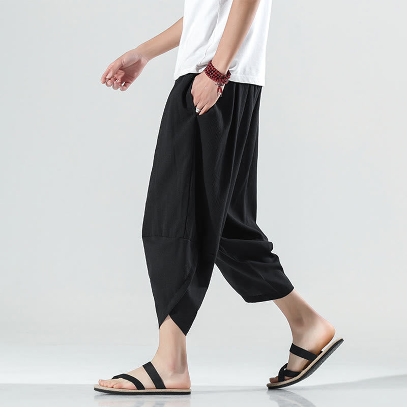 Buddha Stones Plain Simple Design Drawstring 7-8 Length Linen Men's Harem Pants With Pockets - Black - US/UK/AU46,EU56 (5XL) - image 6