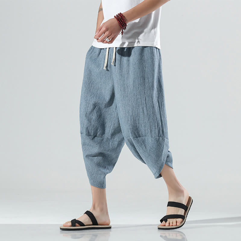 Buddha Stones Plain Simple Design Drawstring 7-8 Length Linen Men's Harem Pants With Pockets - LightBlue - US/UK/AU46,EU56 (5XL) - image 13