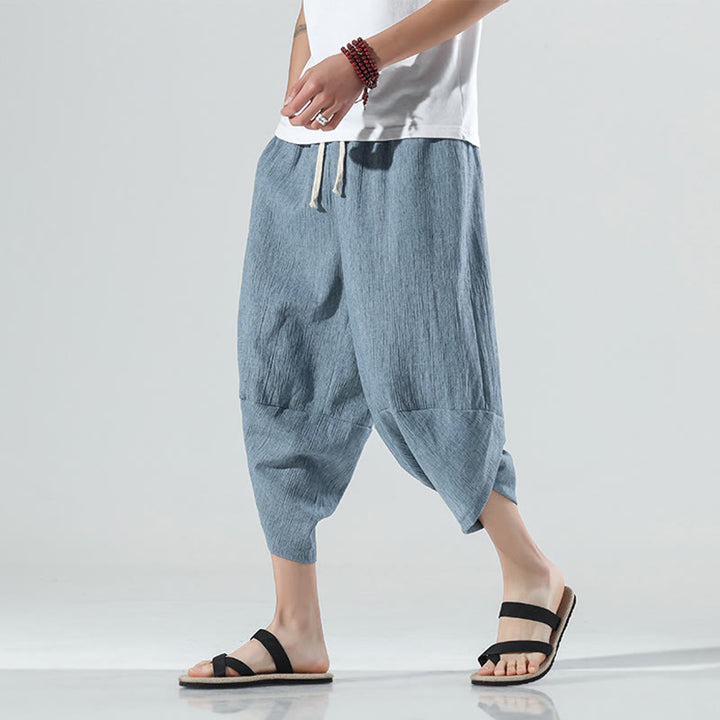 Buddha Stones Plain Simple Design Drawstring 7-8 Length Linen Men's Harem Pants With Pockets - LightBlue - US/UK/AU46,EU56 (5XL) - image 13
