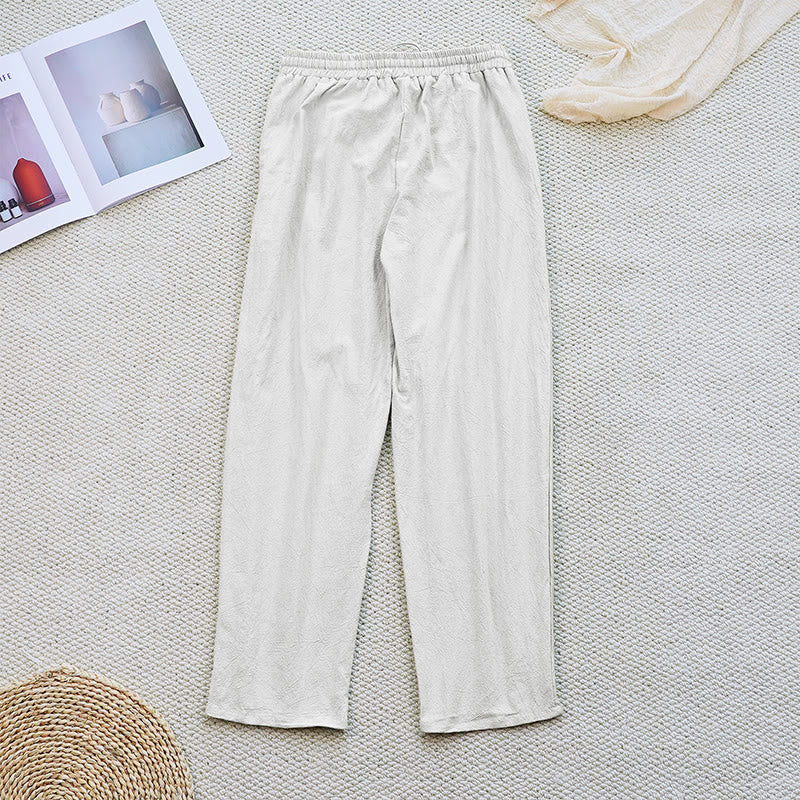 Buddha Stones Summer Plain Patchwork Design Drawstring Cotton Linen Women's Pants With Pockets - image 3