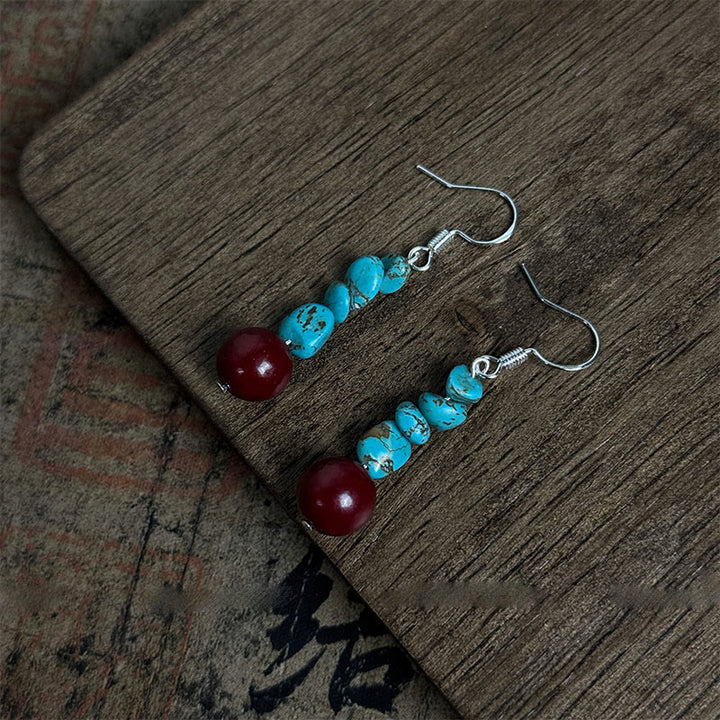 Buddha Stones Tibetan 925 Sterling Silver Turquoise Cinnabar beads Protection Earrings - image 3