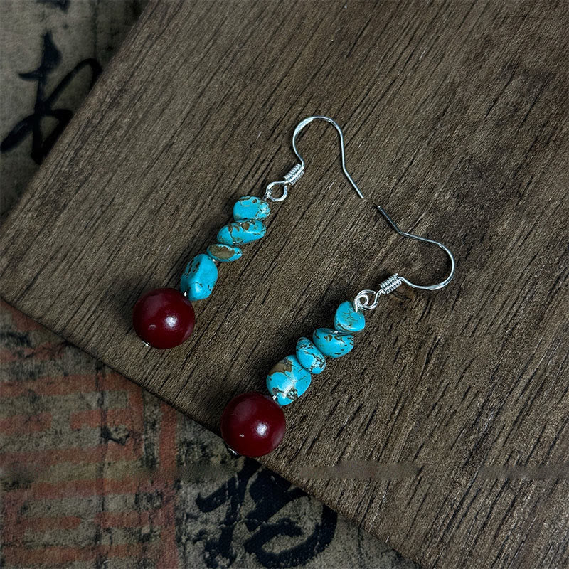 Buddha Stones Tibetan 925 Sterling Silver Turquoise Cinnabar beads Protection Earrings - image 2