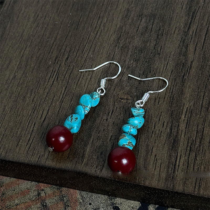Buddha Stones Tibetan 925 Sterling Silver Turquoise Cinnabar beads Protection Earrings - Turquoise&Cinnabar - image 0