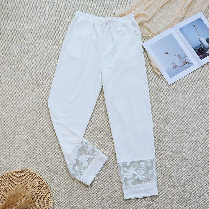 Buddha Stones Summer Daily FloralWhite Plain Patchwork Lace Design Cotton Linen Women's Pants With Pockets - FloralWhite - US14,UK/AU18,EU46 (2XL) - image 0