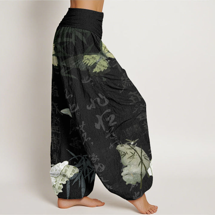 Buddha Stones Butterfly Bamboo Leaves Chinese Characters Pattern Women's Elastic Waist Harem Pants - image 2