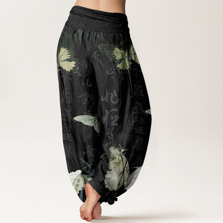 Buddha Stones Butterfly Bamboo Leaves Chinese Characters Pattern Women's Elastic Waist Harem Pants - image 1