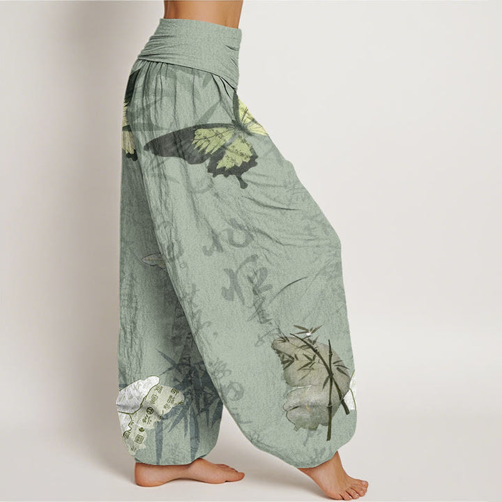 Buddha Stones Butterfly Bamboo Leaves Chinese Characters Pattern Women's Elastic Waist Harem Pants - image 6