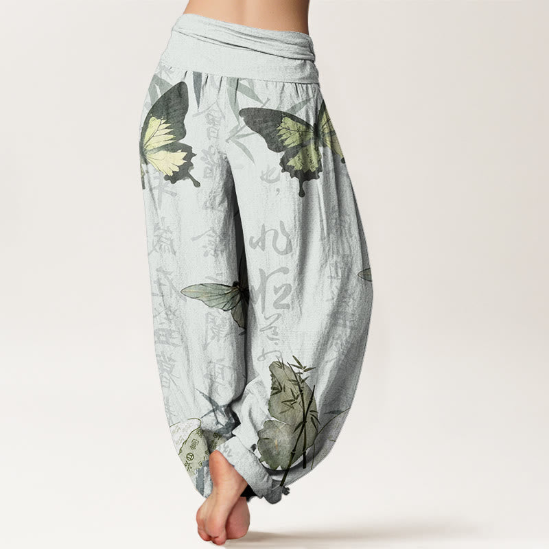 Buddha Stones Butterfly Bamboo Leaves Chinese Characters Pattern Women's Elastic Waist Harem Pants - image 8