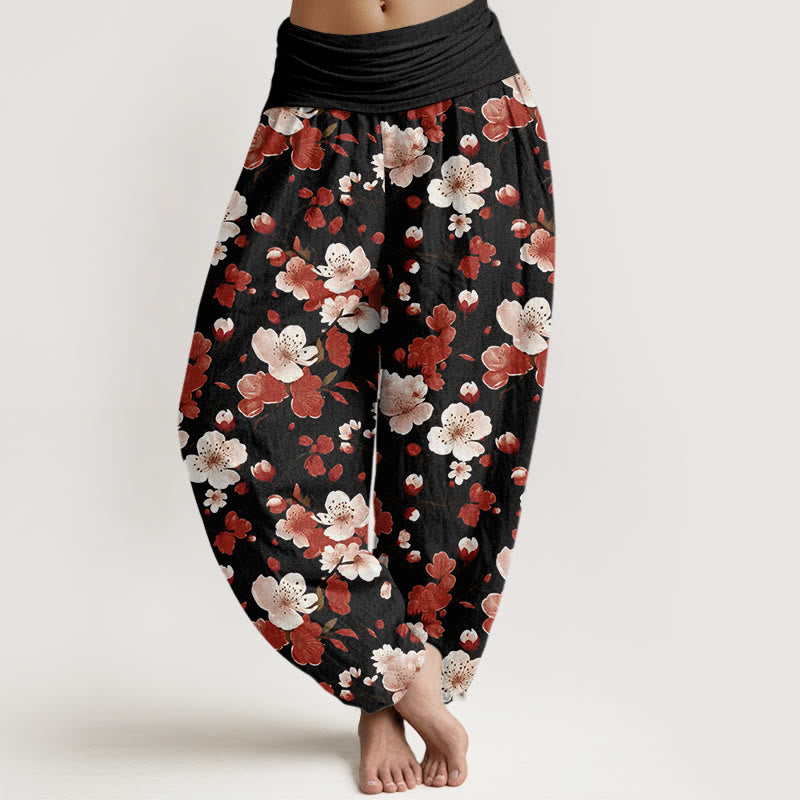 Buddha Stones Pink Red Peach Blossoms Design Women's Elastic Waist Harem Pants - Black - US22,UK/AU26,EU54 (6XL) - image 0