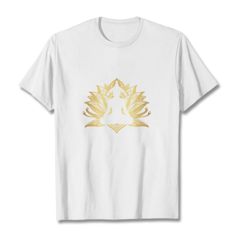 Buddha Stones Golden Lotus Meditation Buddha Tee T-shirt - White - 2XL - image 5