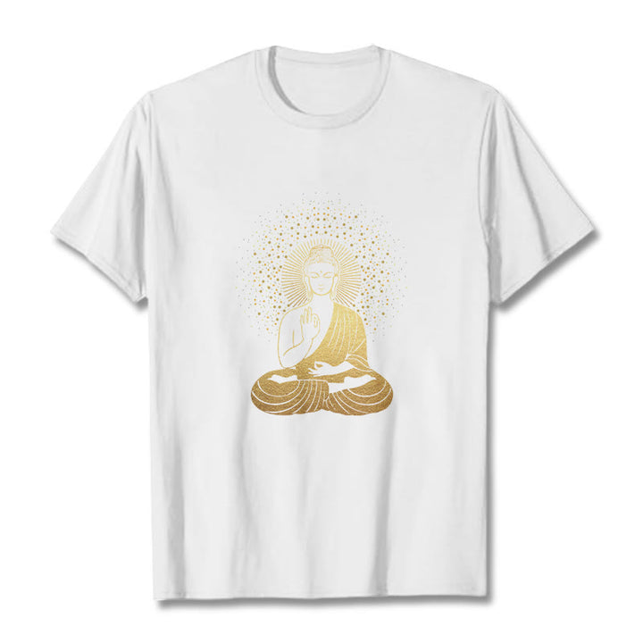 Buddha Stones Golden Meditation Buddha With Golden Aura Tee T-shirt - White - 2XL - image 7