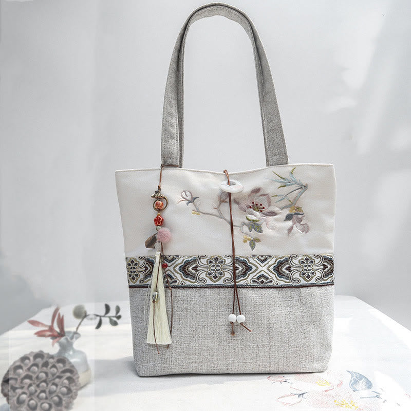 Buddha Stones Magnolia Embroidery Canvas Polyester Shoulder Bag - Magnolia Embroidery - image 0