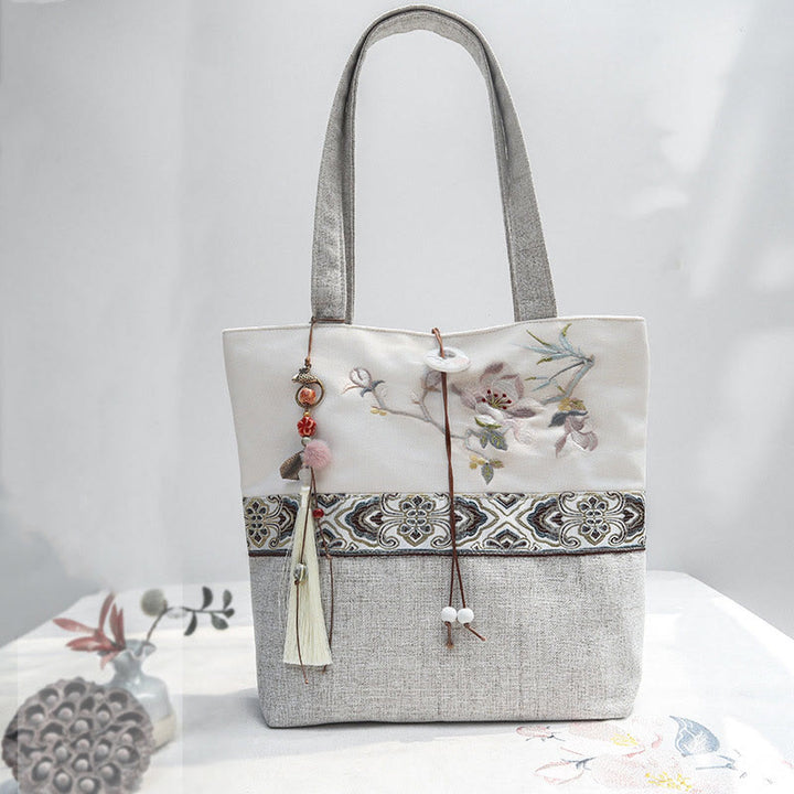 Buddha Stones Magnolia Embroidery Canvas Polyester Shoulder Bag - Magnolia Embroidery - image 0