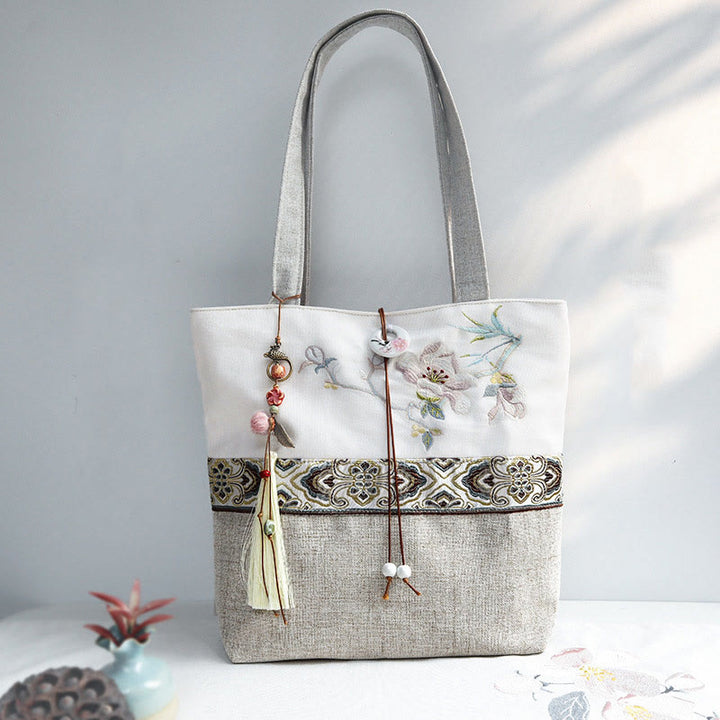 Buddha Stones Magnolia Embroidery Canvas Polyester Shoulder Bag - image 1