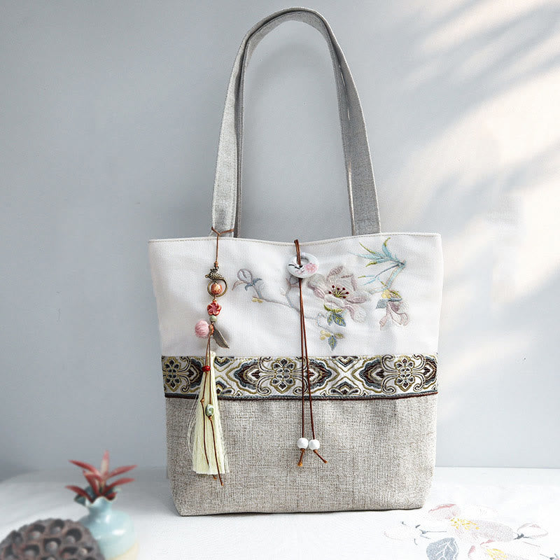 Buddha Stones Magnolia Embroidery Canvas Polyester Shoulder Bag - image 1