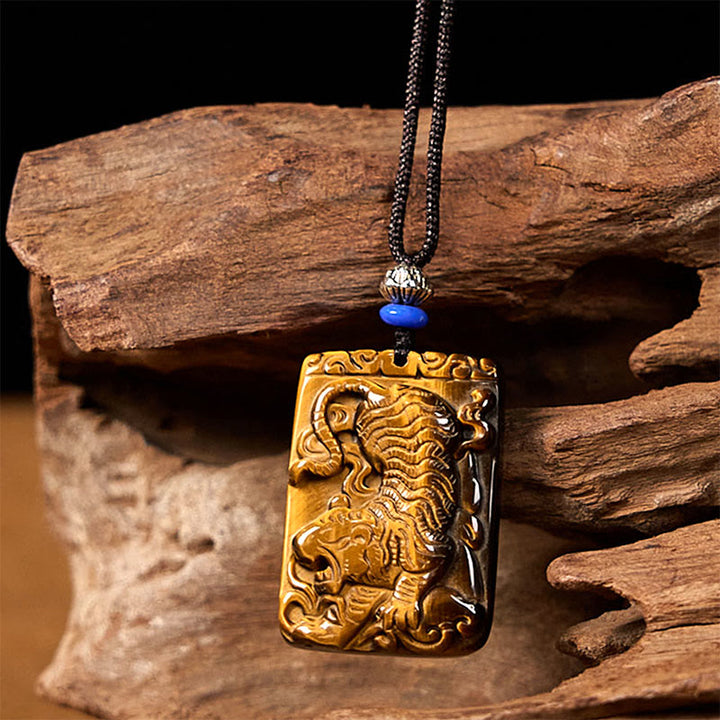 Buddha Stones Natural Tiger Eye Square Tiger Pattern Protection Rope Necklace Pendant - image 1
