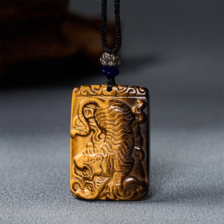 Buddha Stones Natural Tiger Eye Square Tiger Pattern Protection Rope Necklace Pendant - image 5