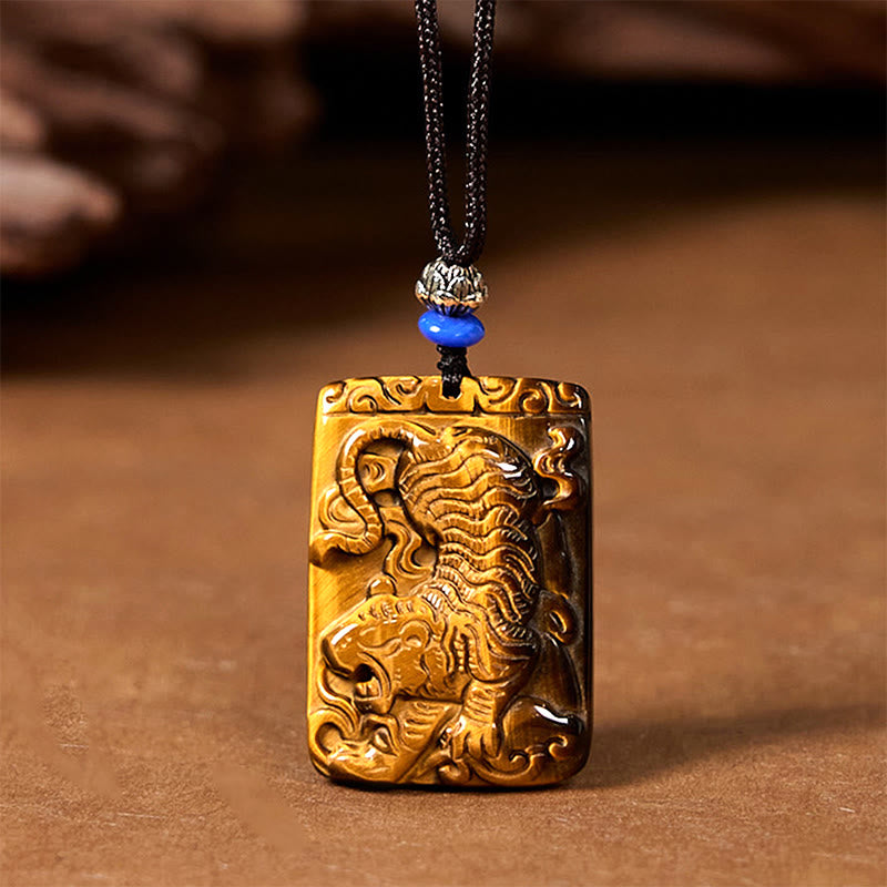 Buddha Stones Natural Tiger Eye Square Tiger Pattern Protection Rope Necklace Pendant - Tiger Eye - image 0