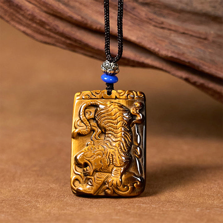 Buddha Stones Natural Tiger Eye Square Tiger Pattern Protection Rope Necklace Pendant - image 2