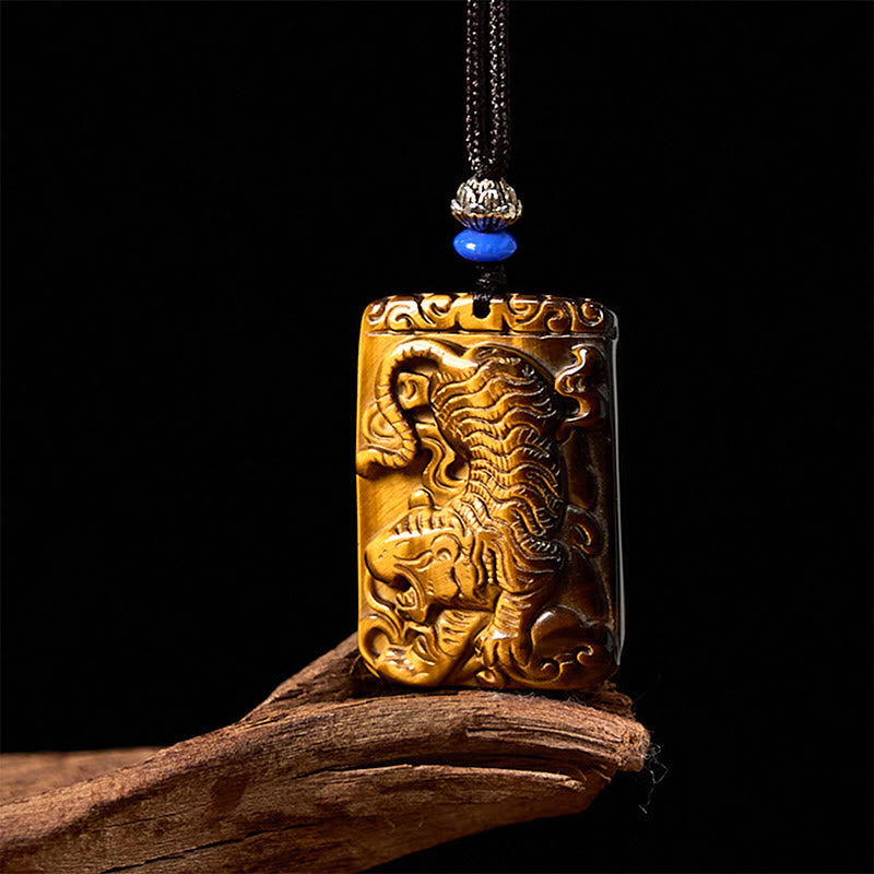 Buddha Stones Natural Tiger Eye Square Tiger Pattern Protection Rope Necklace Pendant - image 3