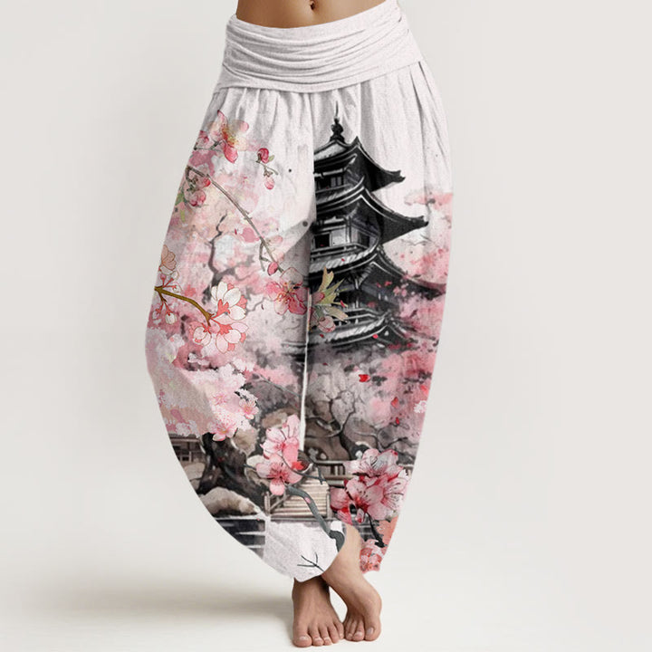 Buddha Stones Pavilion Cherry Blossom Pattern Women's Elastic Waist Harem Pants - White - US22,UK/AU26,EU54 (6XL) - image 0