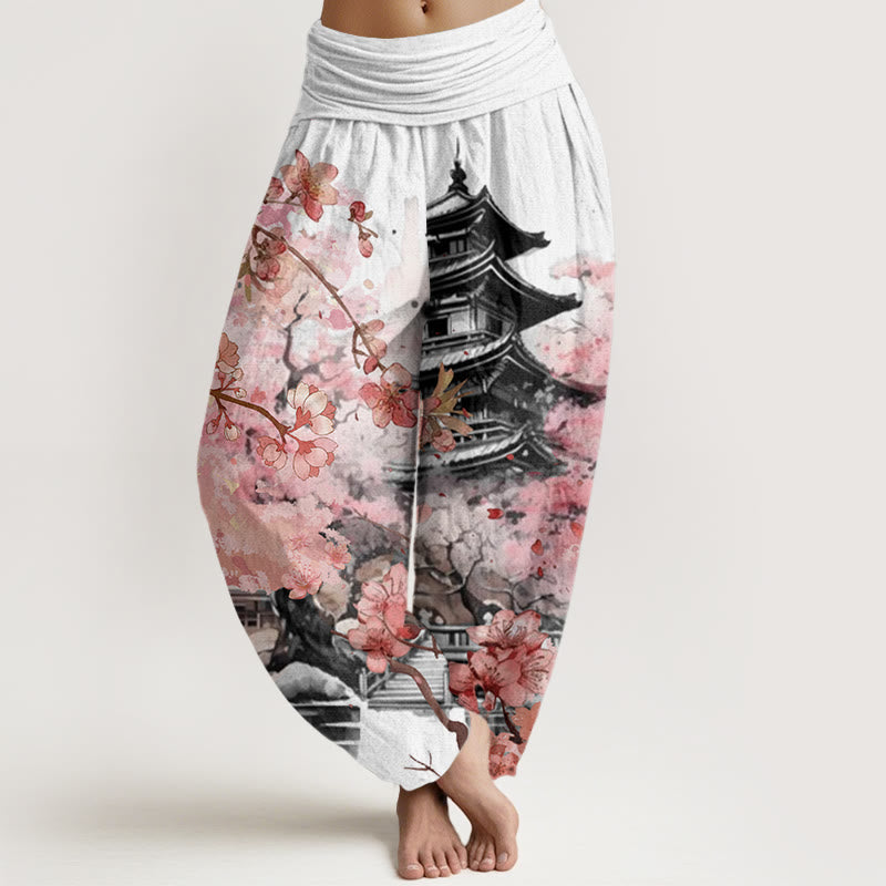 Buddha Stones Pavilion Cherry Blossom Pattern Women's Elastic Waist Harem Pants - Snow - US22,UK/AU26,EU54 (6XL) - image 4