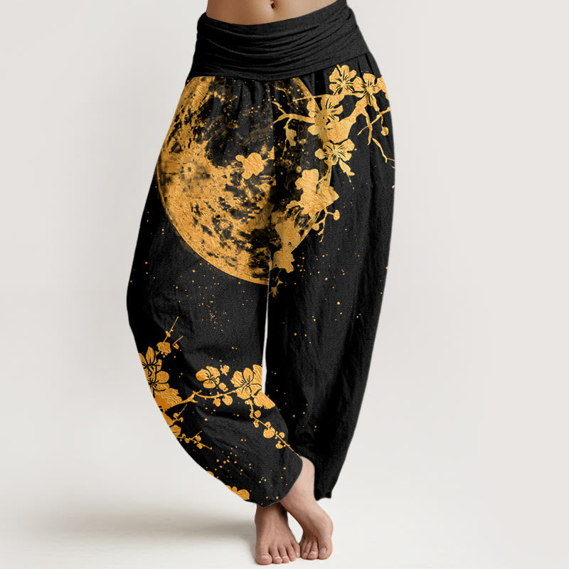 Buddha Stones Golden Plum Blossom Full Moon Pattern Women's Elastic Waist Harem Pants - Black - US22,UK/AU26,EU54 (6XL) - image 0