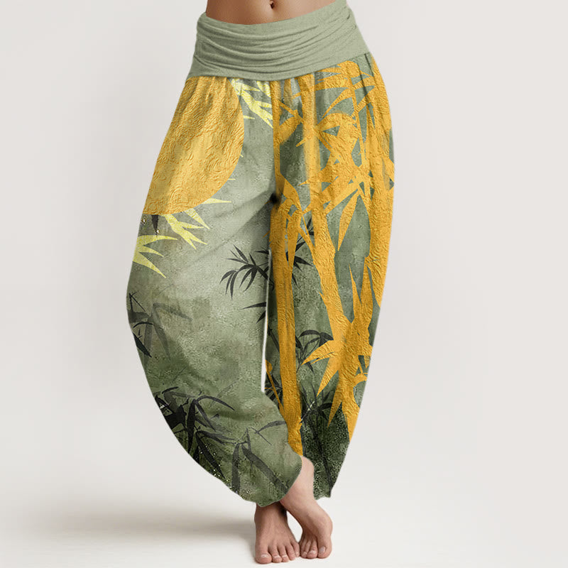 Buddha Stones Bamboo Leaves Full Moon Pattern Women's Elastic Waist Harem Pants - LightGreen - US22,UK/AU26,EU54 (6XL) - image 0