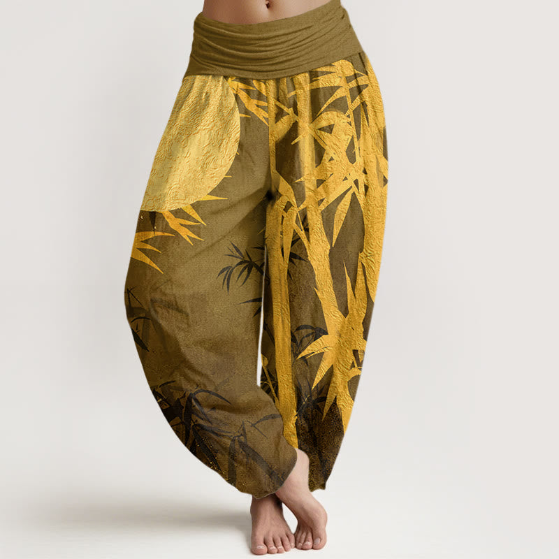 Buddha Stones Bamboo Leaves Full Moon Pattern Women's Elastic Waist Harem Pants - DarkKhaki - US22,UK/AU26,EU54 (6XL) - image 4