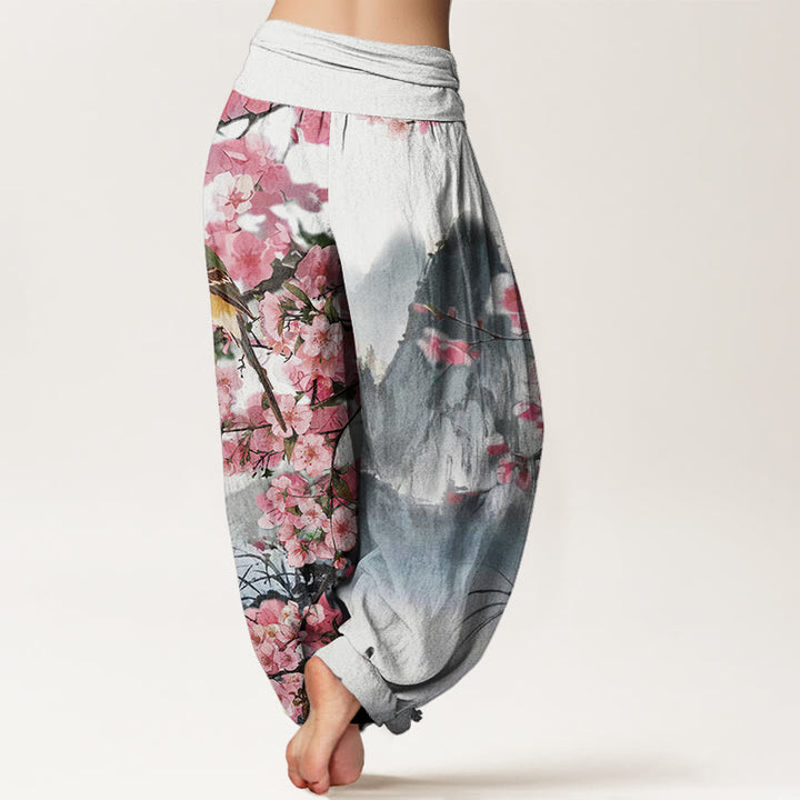 Buddha Stones Bird Cherry Blossom Mountains Pattern Women's Elastic Waist Harem Pants - image 1