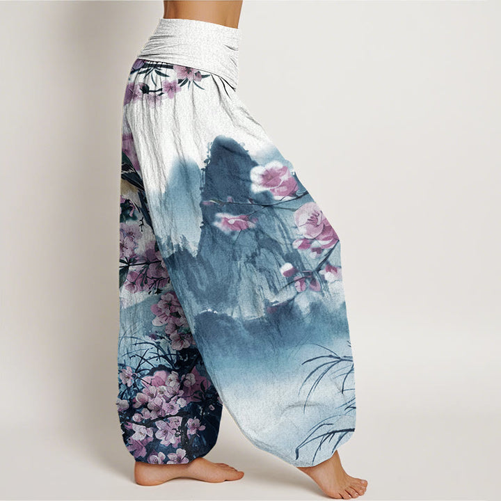 Buddha Stones Bird Cherry Blossom Mountains Pattern Women's Elastic Waist Harem Pants - image 6