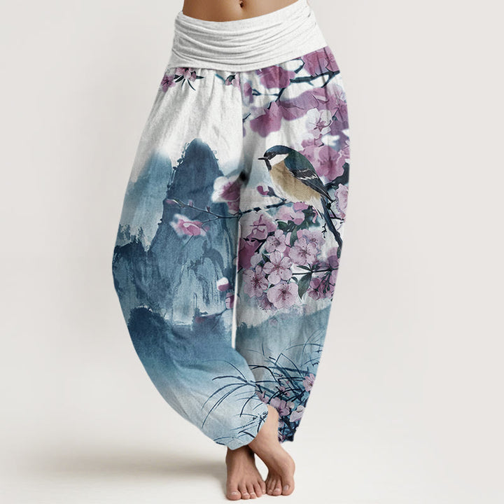 Buddha Stones Bird Cherry Blossom Mountains Pattern Women's Elastic Waist Harem Pants - MediumBlue - US22,UK/AU26,EU54 (6XL) - image 4