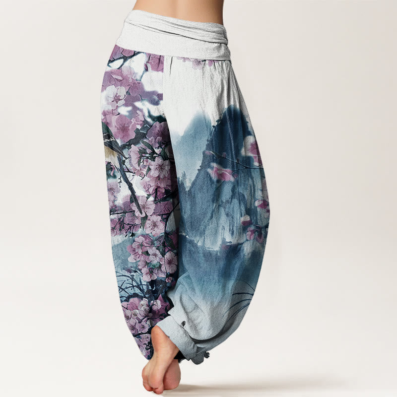 Buddha Stones Bird Cherry Blossom Mountains Pattern Women's Elastic Waist Harem Pants - image 5