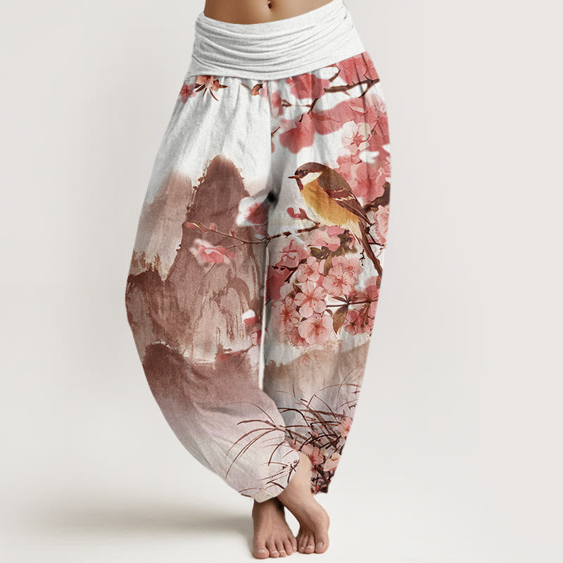 Buddha Stones Bird Cherry Blossom Mountains Pattern Women's Elastic Waist Harem Pants - LightCoral - US22,UK/AU26,EU54 (6XL) - image 7