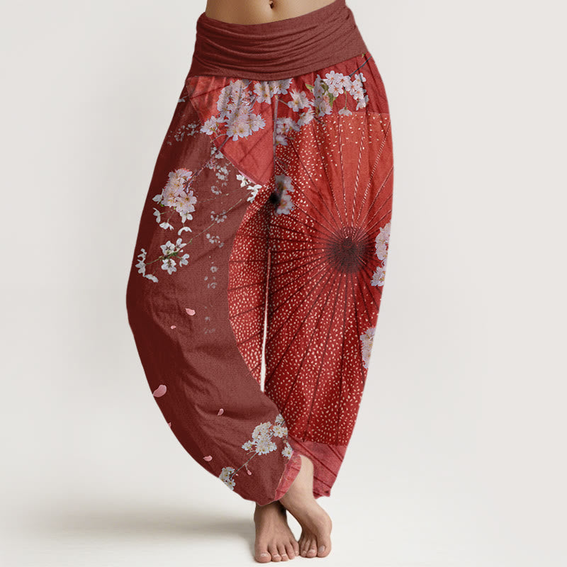 Buddha Stones Casual Red Oil-paper Umbrella Cherry Blossom Pattern Women's Elastic Waist Harem Pants - Brown - US22,UK/AU26,EU54 (6XL) - image 0