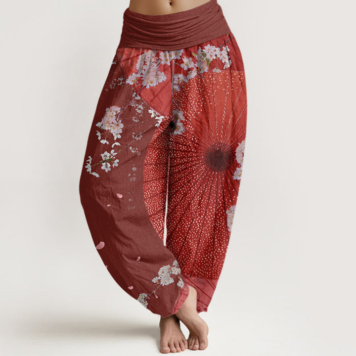 Buddha Stones Casual Red Oil-paper Umbrella Cherry Blossom Pattern Women's Elastic Waist Harem Pants - Brown - US22,UK/AU26,EU54 (6XL) - image 0
