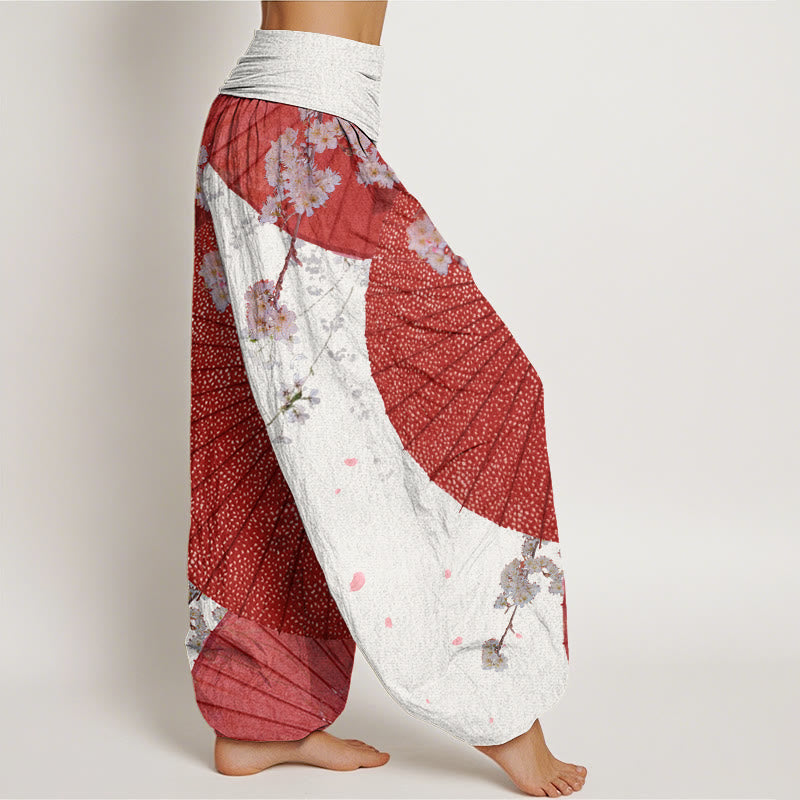 Buddha Stones Casual Red Oil-paper Umbrella Cherry Blossom Pattern Women's Elastic Waist Harem Pants - image 6