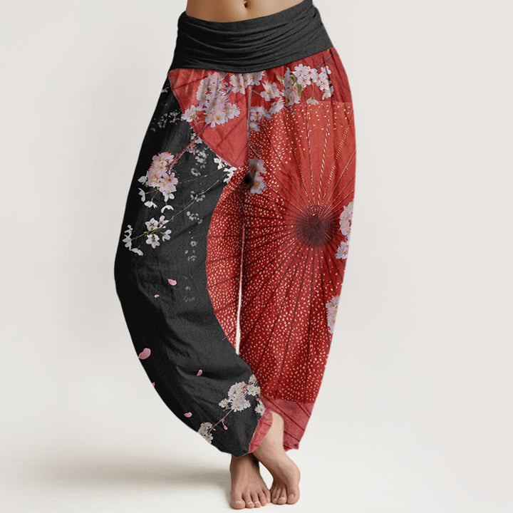 Buddha Stones Casual Red Oil-paper Umbrella Cherry Blossom Pattern Women's Elastic Waist Harem Pants - Black - US22,UK/AU26,EU54 (6XL) - image 7