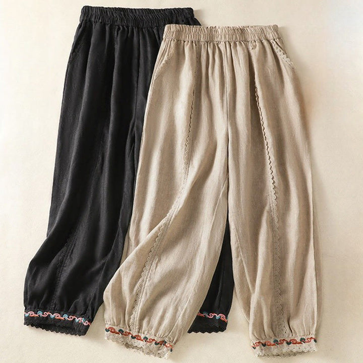 Buddha Stones Casual Plain Lace Side Design 7-8 Length Cotton Linen Women's Harem Pants With Pockets - image 31